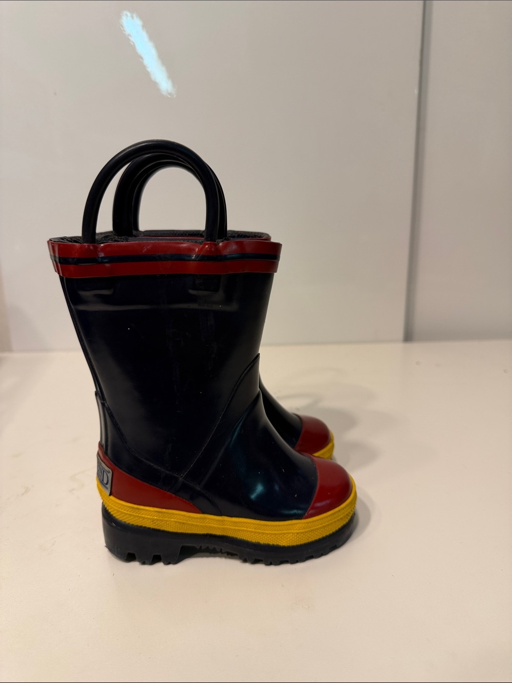 Used lands end Kids Black Rain Boots with Red & Yellow Trim 5M